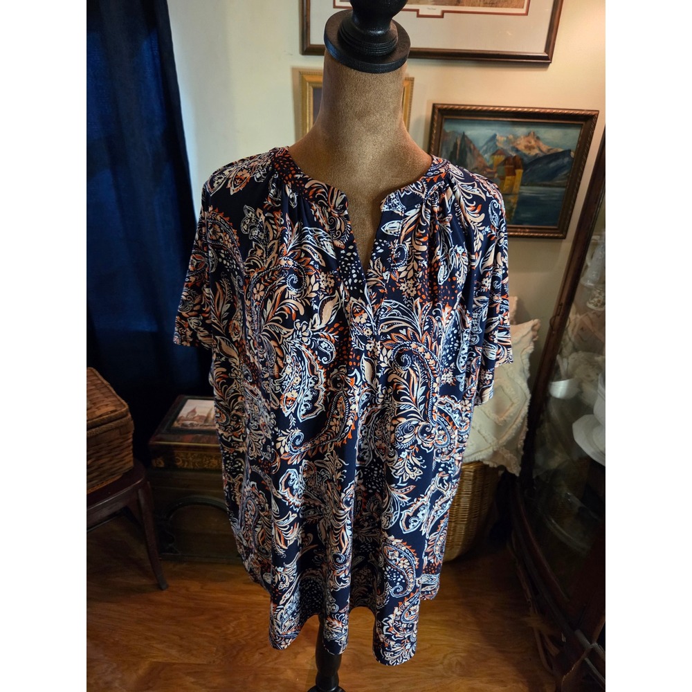 Jones New York‎ Signature Navy Orange Paisley Split Neck Blouse Top Plus Size 3X